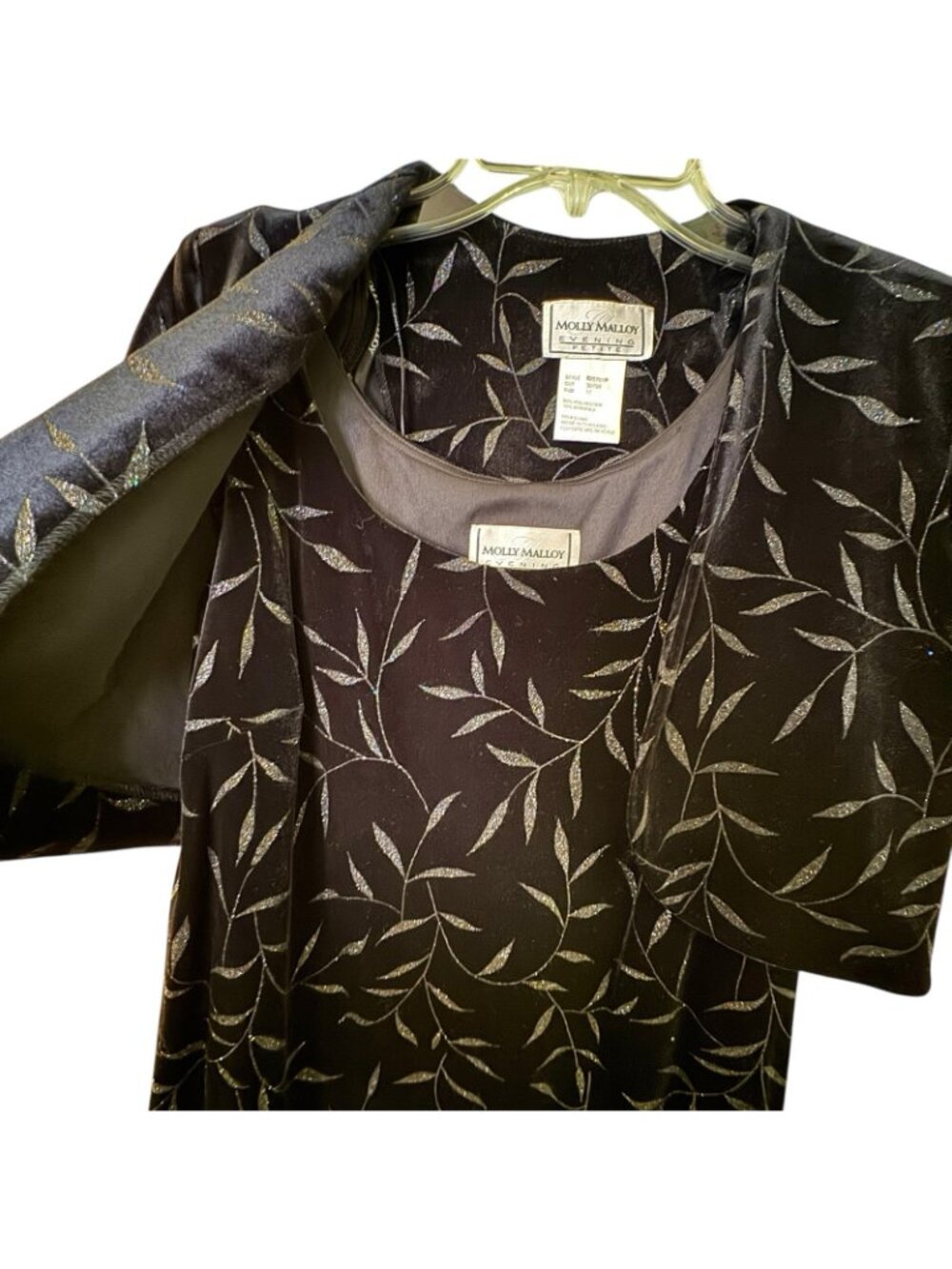 Evening Dress Women's Size 12 Petite Black Velvet Silver Leaves Sheath + Jacket - Picture 8 of 13